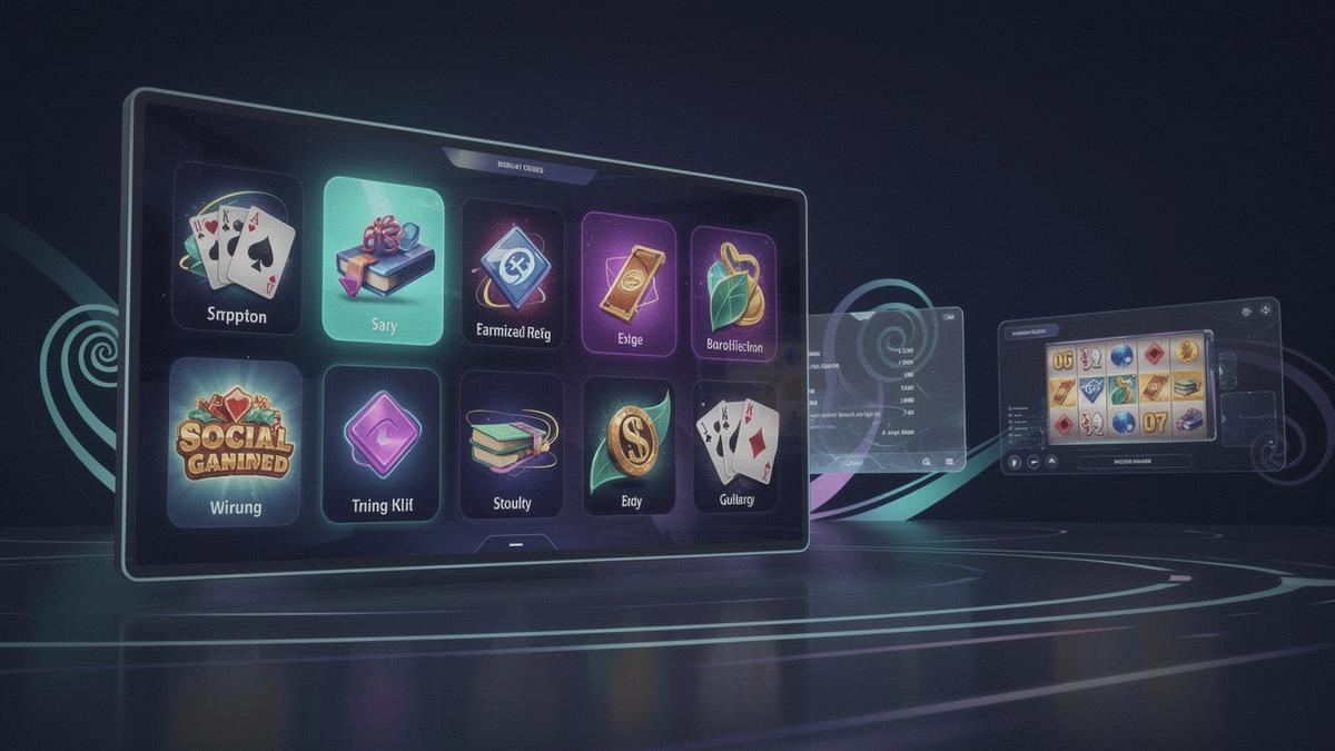A glowing, playful social casino game lobby scene with neon accents